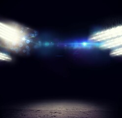Horizontal blue light streak is spanning flat design stage with white-blue lights and lens flares