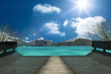 Computer graphic image of boat dock by lake