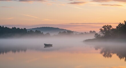 Fototapeta premium Misty sunrise over lake with boat