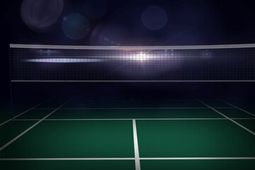 Flat design badminton net is stretching over green court with white lines, spotlight, lens flare