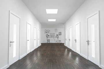 Symmetric office corridor is extending in flat style with white panel doors to sketched desk scene