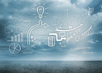 Flat design white hand-drawn business graphs and icons are floating over ocean and cloudy sky