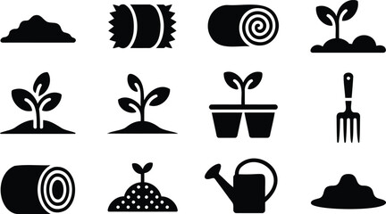 Set of Plant Growth and Gardening Icons Including Soil, Pots, Watering Cans, and Tools