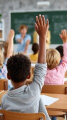 Diverse classroom of children engaging in learning with raised hands
