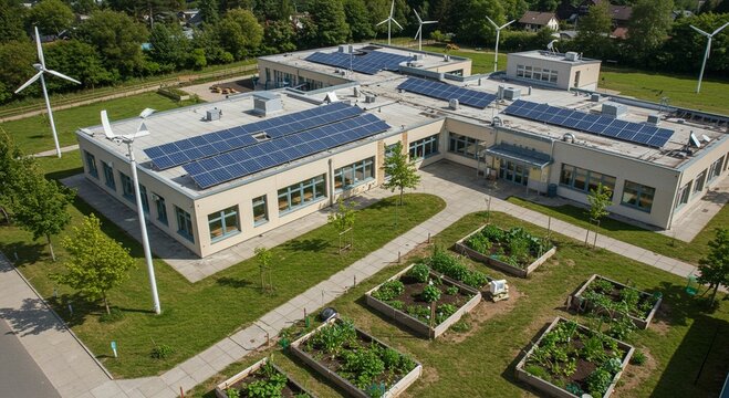 Modern school with solar panels and outdoor gardens