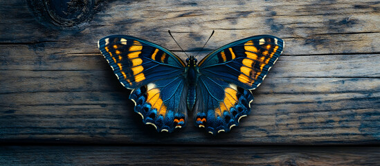 Blue butterfly on wood background