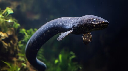 Fototapeta premium A long dark colored fish swims with tiny fins in water