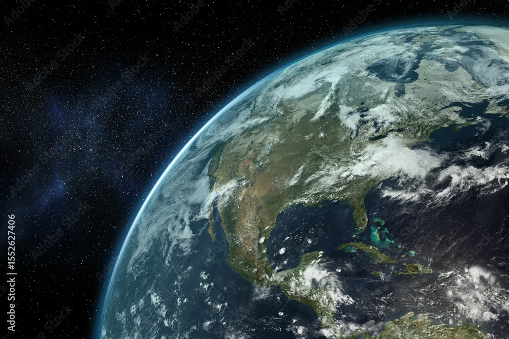 Sticker earth is being shown from orbit in 3d render, displaying cloud formations and star field