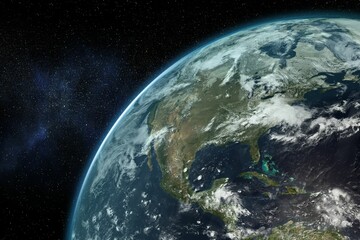 Earth is being shown from orbit in 3D render, displaying cloud formations and star field