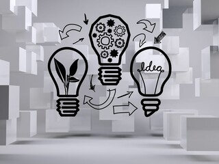 Light bulbs in grey room with cubes