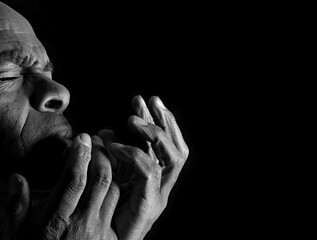 Praying to God with black background stock image stock photo