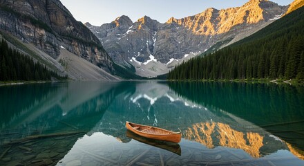 Mountain lake canoe sunrise serenity