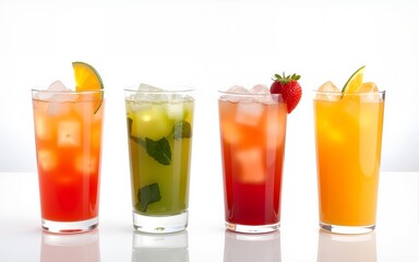 Four iced cocktails, studio shot, white background, refreshing drinks. High quality