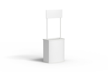 A simple white promotional display stand with a blank sign for advertising or information.