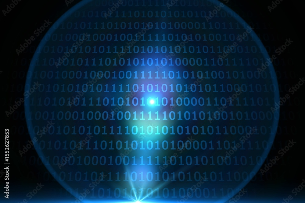 Poster glowing binary code on black background