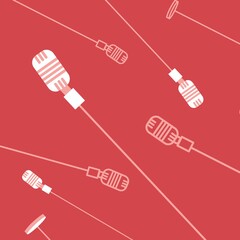 Square image of retro microphones in white on red background, with copy space