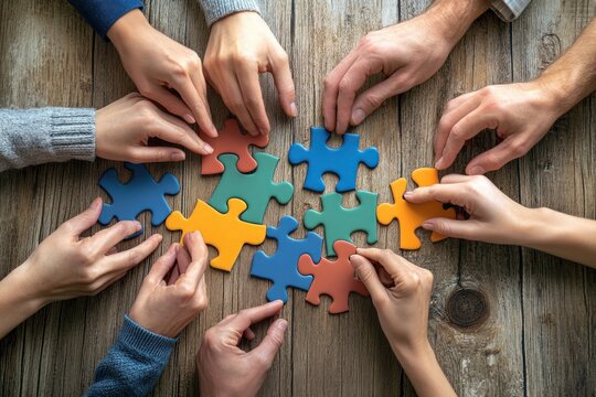 Diverse hands arranging puzzle together, showing unity and collaboration, wooden table