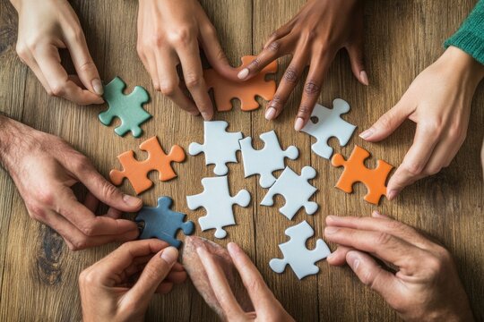 Diverse hands arranging puzzle together, showing unity and collaboration, wooden table