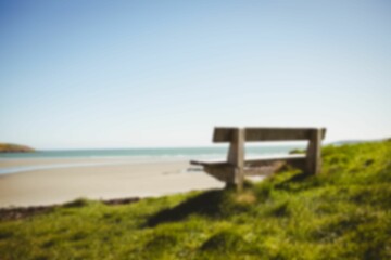 Empty bench by grass at beach
