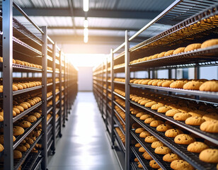 Cooling Racks of Delicious Cookies A Bakery Production View