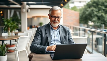 Senior businessman working on laptop at outdoor cafe
