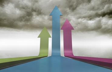 Colourful arrows pointing up against sky