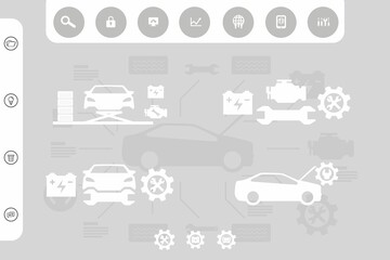 Grayscale flat infographic is showing automotive diagnostics workflow around central car silhouette