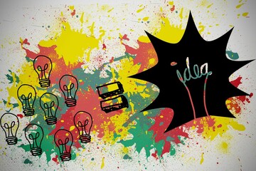 Flat design is showing nine bulb outlines and equals sign forming idea burst with paint splatters
