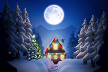 Flat design cabin is glowing with lights in snowy clearing under full moon, lit Christmas tree