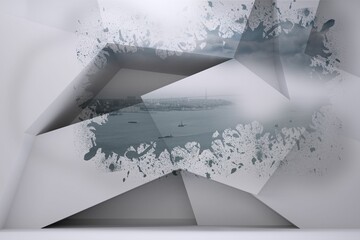 Abstract installation is revealing seascape with boats via paint-splatter panel cutout in 3D render
