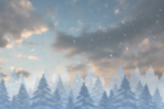 Fototapeta Winter forest is showing flat design with snowy evergreens, falling snowflakes and cloudy sky