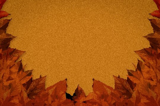 Fototapeta Corkboard-textured surface is showing framed by orange autumn leaves in flat style, copy space