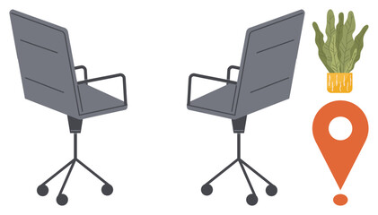 Fototapeta premium Two office chairs with wheels, a green potted plant, and an orange location marker. Ideal for concepts of workplace, office design, remote work, team collaboration, productivity, comfort