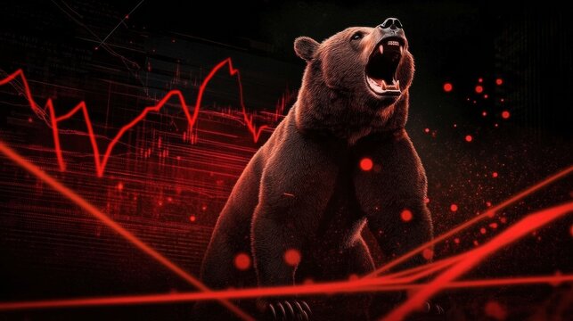 Brown bear roaring on red background with stock market chart; bearish divergence