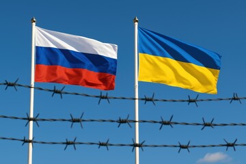 Russian and Ukrainian flags waving behind barbed wire under a clear blue sky, symbolizing war, geopolitical conflict, and national division.