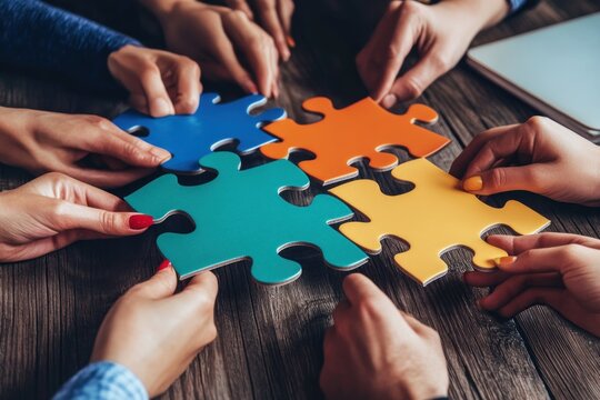 Cropped image of office group uniting pieces of colorful puzzle on table