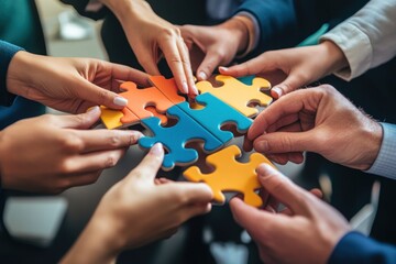 Cropped group image of professionals assembling puzzle during brainstorming