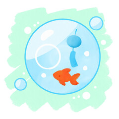 涼を感じる夏｜金魚鉢と風鈴の風景(背景透過)