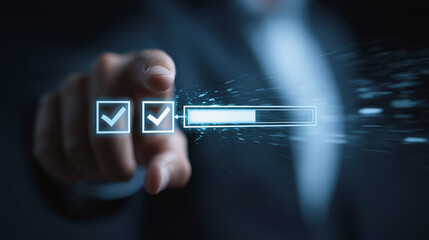 A hand interacts with virtual checkboxes and a progress bar, symbolizing digital completion and interactive technology in a futuristic, high-tech environment.