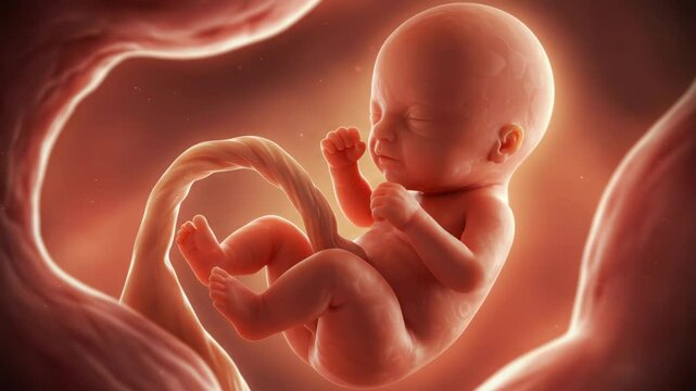Medical illustration of a human fetus inside the uterus, focusing on the development stage and