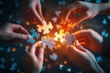 Corporate teamwork: hands joining puzzle parts in glowing collaborative environment