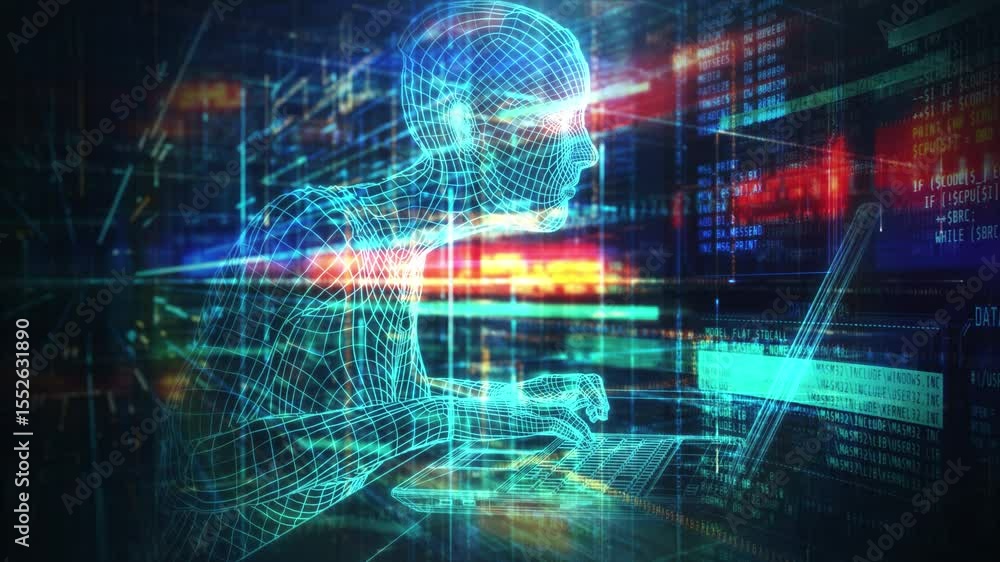Poster digital human working on laptop with abstract data stream background