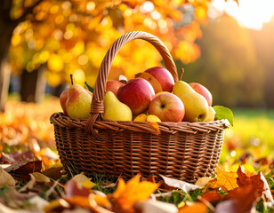 Autumn Harvest A Basket of Apples, Pears, and Golden Leaves