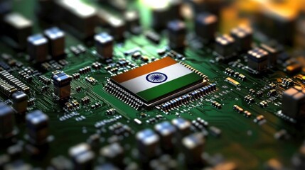 Close-up shot of a green PCB featuring Indian flag, electronic India s Digital Patriotism Semiconductor Technology