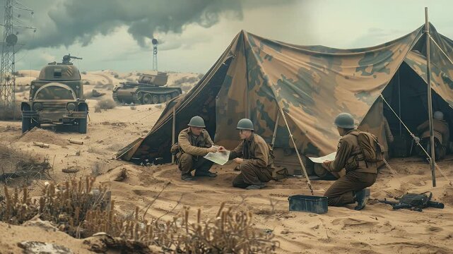 Soldiers Planning Strategy in Desert Camp with Military Vehicles