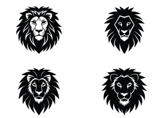 4 silhouette lion head icon set isolated on white background