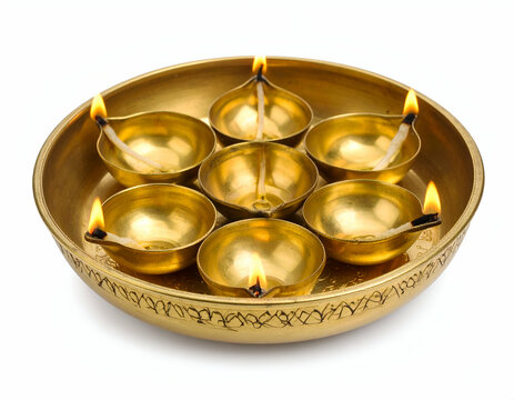 Brass Oil Lamp Diya with Floral Patterns and Five Wicks Festive Illumination