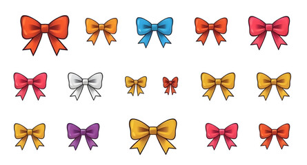 Obraz premium Party bows collection, Colorful ribbon bows, Silk bows vector, Fabric bow set, Realistic bow clipart, Bow knot vector, Decorative ribbon collection, Flat bow icons, Glossy gift bows, Bows for packagin