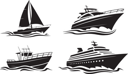 Collection of black and white silhouetted boats ships vessels for nautical and travel designs