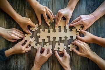 Community teamwork visual with joined puzzle and unified hands